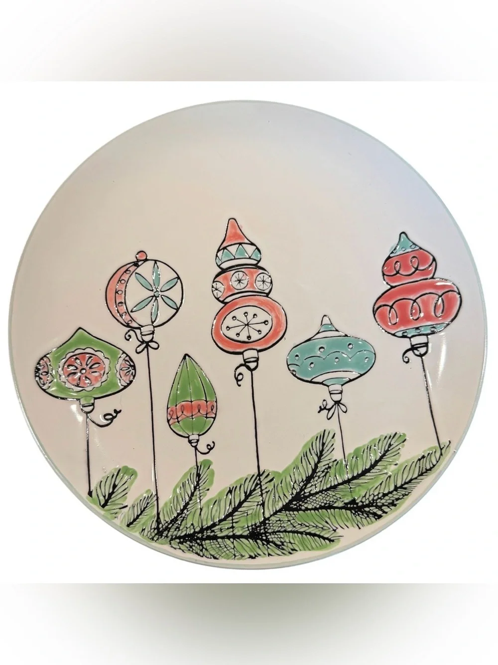 Hobby Lobby White Holiday Plate with Green & Coral Ornament Design NWT